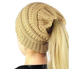 Cable Knit Biege Soft Stretch Beanie Winter Hat with Ponytail Hole for Women