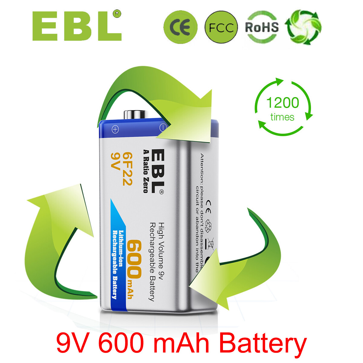 EBL 600mAh 9V 6F22 Rechargeable Batteries 9 Volt Li-ion Battery For Toy MIC US