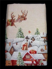 LAURAL HOME Christmas Santa's Village Tapestry Sleigh Deer Sparkly Tablecloth