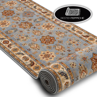 Modernen exklusiv Wolle Läufer ''KESHAN'' Rahmen orientalisch blau / Beige