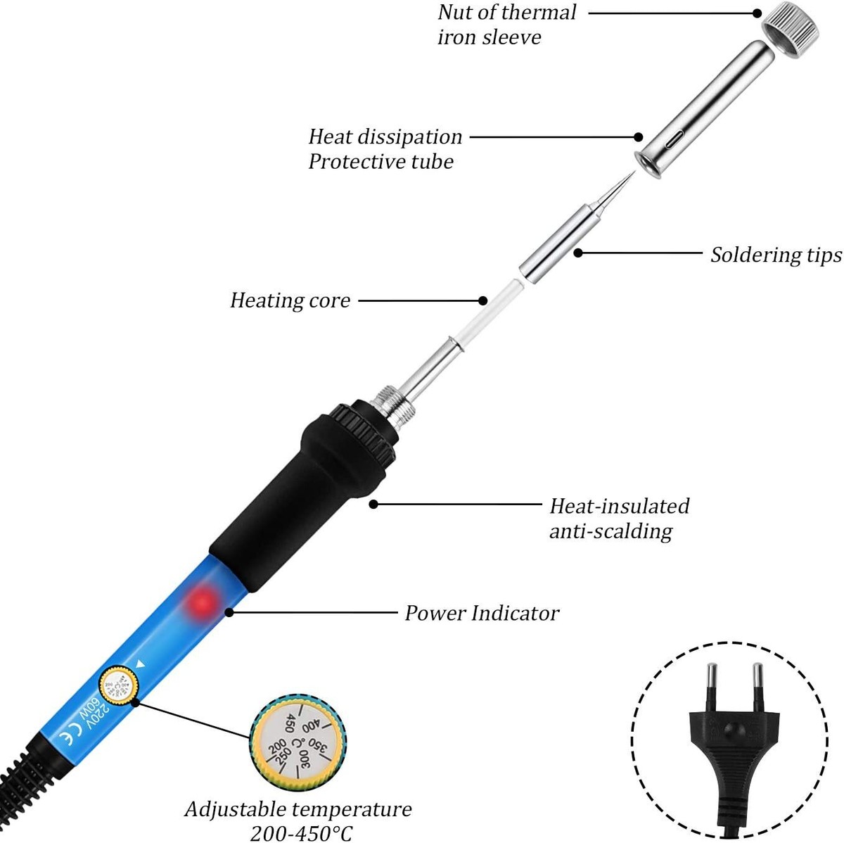 Kit Saldatore 60W Con Temperatura Regolabile 220-480°C - Include 5 Punte, Pompa Dissaldante E Filo Di Saldatura - Foto 8