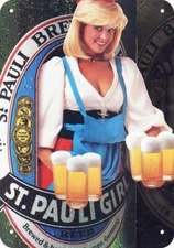 1985 ST. PAULI GIRL BEER &Sexy Busty Blonde Dirndl DECORATIVE REPLICA METAL SIGN