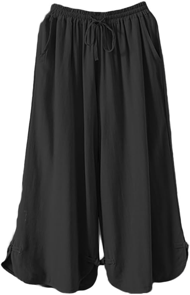 Women's Linen Wide Leg Pants with Drawstring Waist & Frog Button