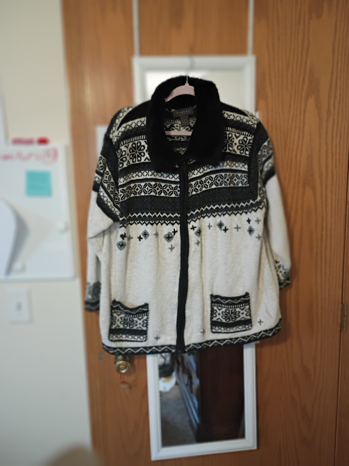 Lane Bryant Fair Isle Zip Jacket Black White Lined Plus Size 22/24 Long Sleeve