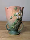 Roseville Art Pottery Vase Fluted Double Handle Ceramic Pink White Rose Vtg 40s