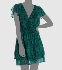Aqua Woman's Green V-Neck Jaguar Print Faux-Wrap Fit & Flare Mini Dress Size L