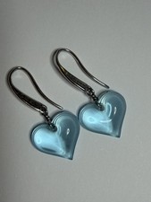 Lalique Crystal Heart Earrings Blue Frosted Glass & Sterling Silver Hooks France