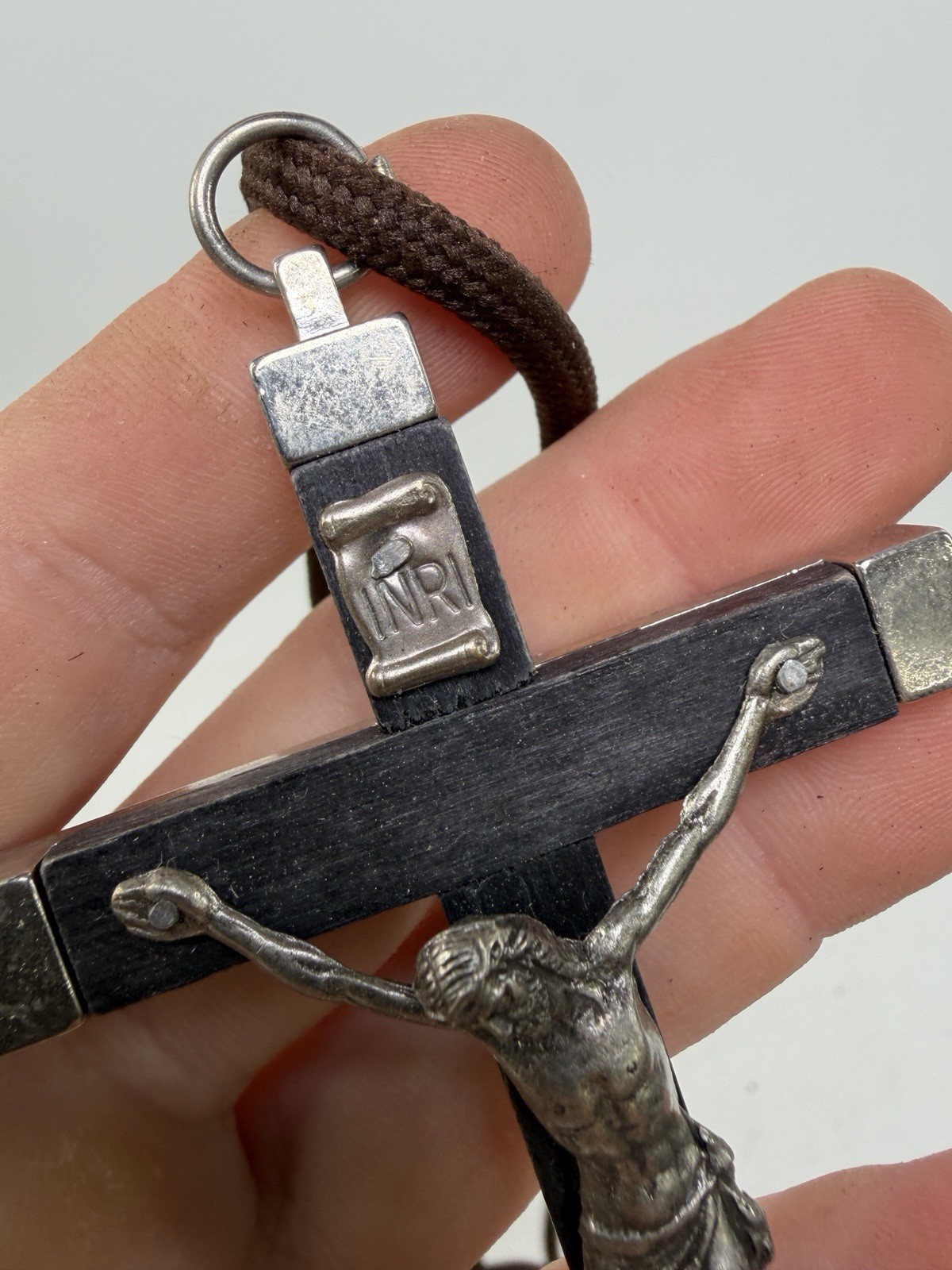 Italian Pectoral Crucifix Cross w Ebony Inlay Catholic Pendant Necklace