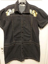 Gold Flava Women's Size 26 Plus Short Sleeve Blue Denim Dress W/ Gold Trim 