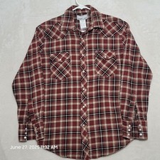 Wrangler Wrancher Shirt Mens Medium Maroon Plaid Pearl Snap Western Cowboy Rodeo