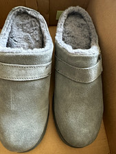 BEARPAW Women  s Gray Suede Mule Slippers Faux Fur Lined Studded US 10