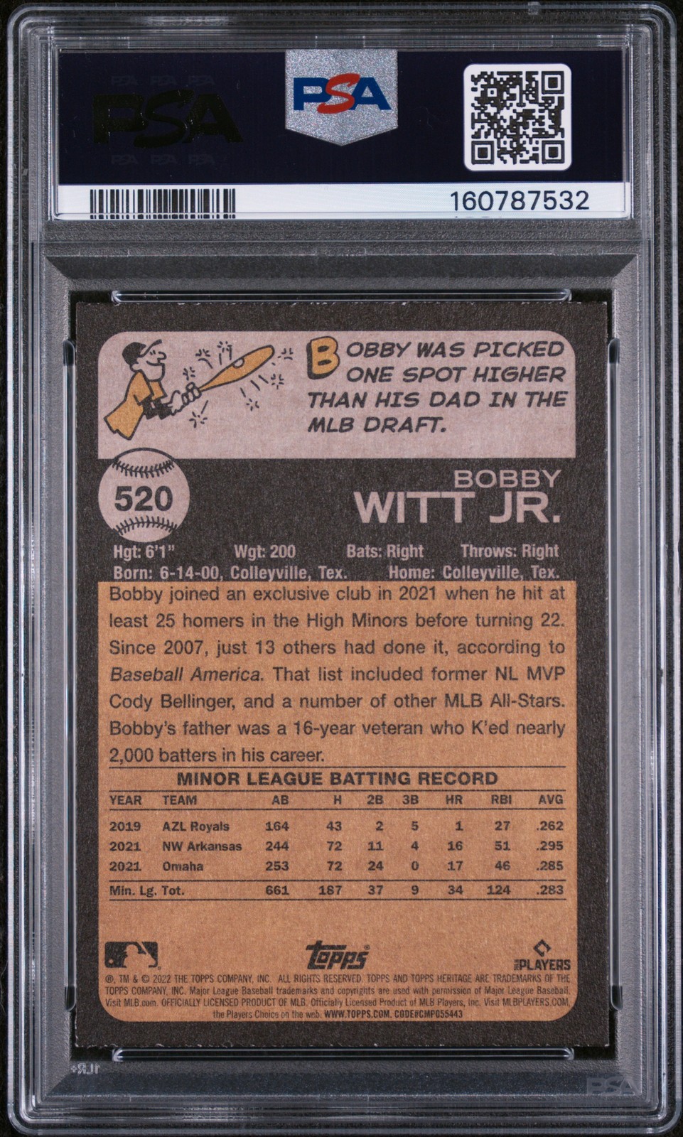 2022 TOPPS HERITAGE #520 BOBBY WITT JR. ROOKIE RC PSA 7 view 2