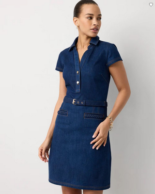 NWT WHITE HOUSE BLACK MARKET Braided Trim Belted Denim Dress | eBay