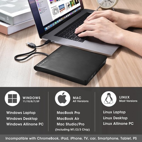 Lector De CD DVD Óptica Externo USB 3.0 Con Cable Para Windows y Mac Externo Nuevo - Imagen 3 de 8