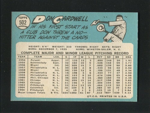 #502 DON CARDWELL, Pirates - 1965 Topps: NM-MT, pack fresh, good gloss 221872e - Picture 2 of 3