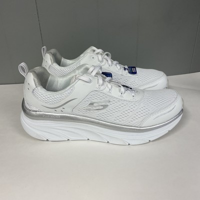 Skechers D'Lux Walker Infinite Motion White Silver Mesh Lace Shoes Womens Sz 11