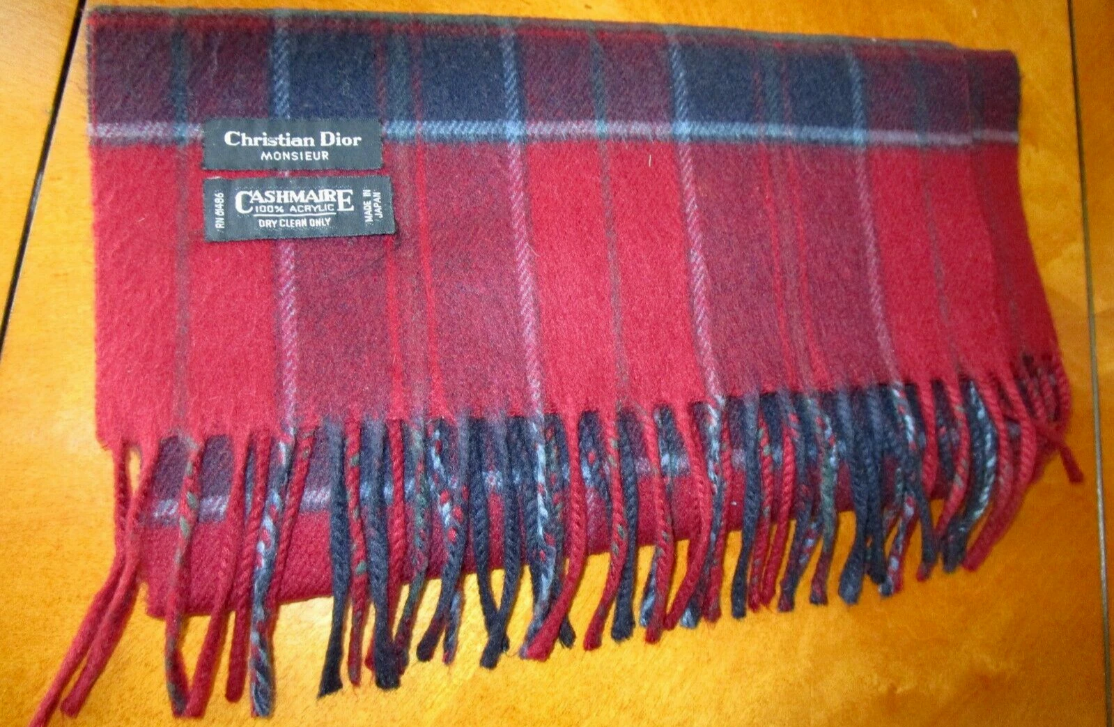 ÉCHARPE FRANGE CHRISTIAN DIOR MONSIEUR CASHMAIRE ~ 49x12 ~ UNISEXE ~ plaid rouge/bleu