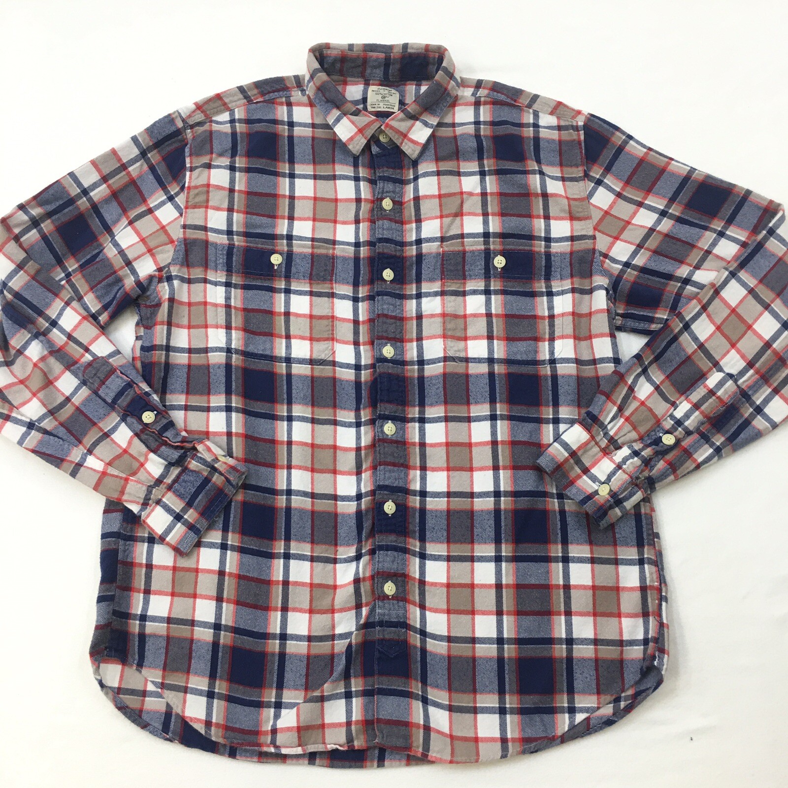J CREW Flannel Shirt Men's L Red Blue Tan Window Pane Check Plaid Preppy GORP
