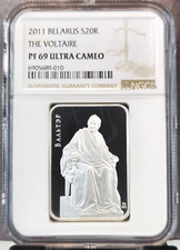 2011 BELARUS SILVER 20 ROUBLES THE VOLTAIRE NGC PF 69 ULTRA CAMEO RARE GEM COIN