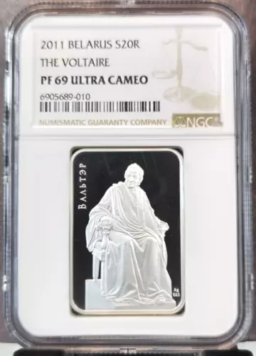 2011 BELARUS SILVER 20 ROUBLES THE VOLTAIRE NGC PF 69 ULTRA CAMEO RARE GEM COIN