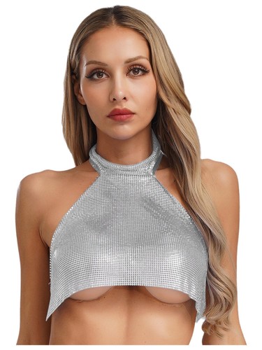 Women Crop Tops Shirts Tank Top Mesh Chemise Beaded Dance Sleeveless Night Club - Picture 14 of 93