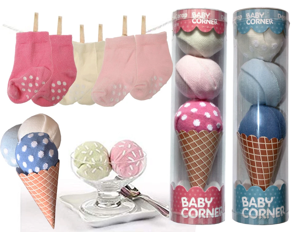 BABY CORNER 3-teiliges Baby Socken Geschenk-Set EISCREME (0-12 Monate) rosa blau