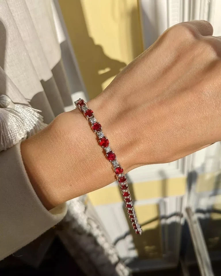 9.48 Ct Round Natural Red Ruby Diamond Link Tennis Bracelet 9K Real White Gold - Image 2 of 4