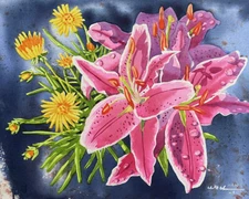 Pink Lily, Garden, Original Watercolor Painting, Signed, Art, 20x16 inches