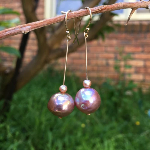 E210 Baroque 11-12mm pearl Natural amazing Gold-Purple 14KGF earring AAAALUSTER  - Picture 9 of 12