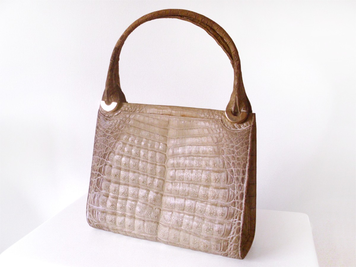 Vintage Modell Top Star Echt Kroko Henkeltasche Handtasche Damen hell Beige