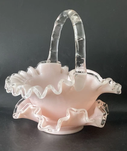 Fenton Peach Crest Ruffled Silver Rose Pink Basket W Candy Dish Silvercrest Set