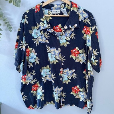 White Stag Shirt Tropical Coastal Beachy Plus Size Button Up Floral Dark Navy