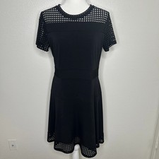 MICHAEL Michael Kors Black Fit  Flare Stretch Dress Lasercut Trim Size L EUC