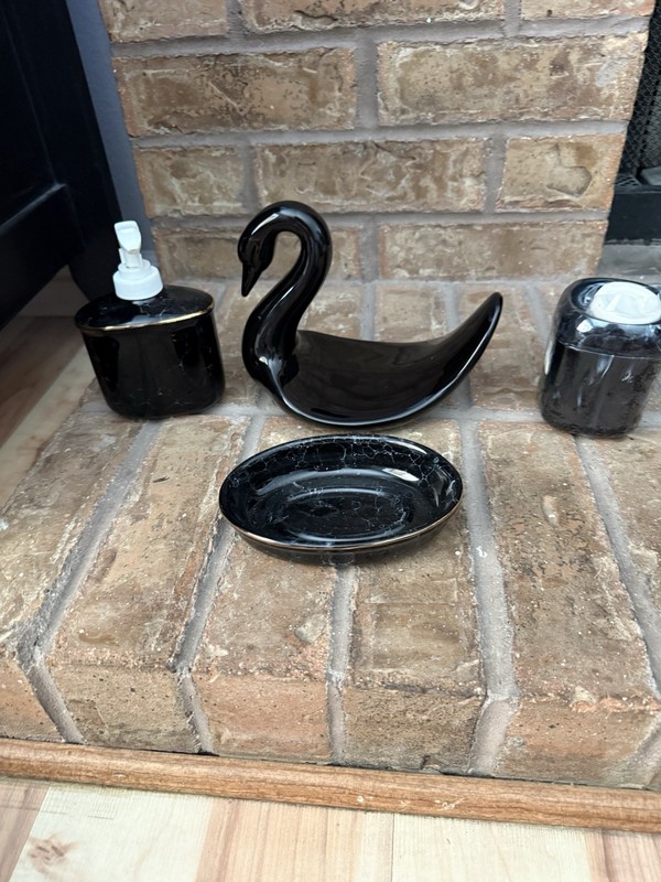 Vintage Black Swan Hand Towel Holder  Lotion Dish Cup Dispenser 80s Art Deco