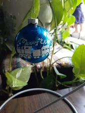 Vintage 50s MERRY Xmas Blue *SHINY BRITE Train Mercury GLASS Ornament Etched