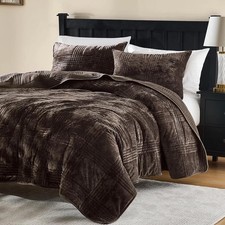 Velvet King Size Quilt Set Brown Lightweight Luxurious Soft Bedspread Mocha S...