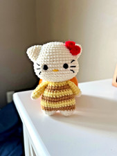 Handmade Crochet Amigurumi Kawaii Cat Doll 4" Striped Outfit Red Bow Stuffed Toy