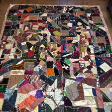 Vintage Handmade Crazy Quilt 72" by 62  Velvet , Silk Brocade As Found