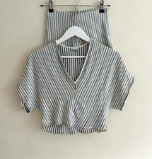 ZARA W Collection Co-Ord Set Small Striped Knit Crop Top Shorts Blue Beige  S