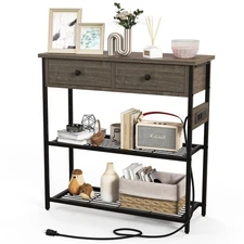 Entryway Table with Charging Station Narrow Console Table with 2 Drawers  Oak