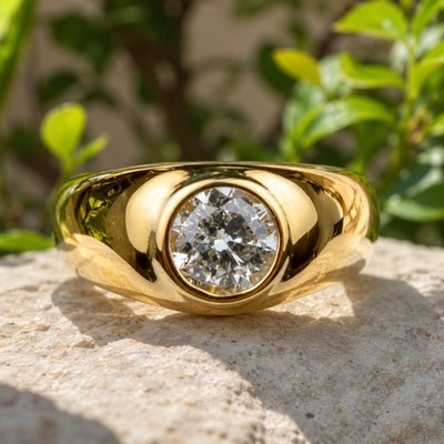 1.5CT Round Lab Grown Diamond Father's Day Special Bezel Ring 14k Yellow Gold