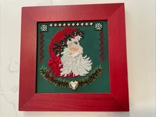 Beautiful Christmas Santa Clause Cross Stitch & Beaded Custom Framed 8”x8”
