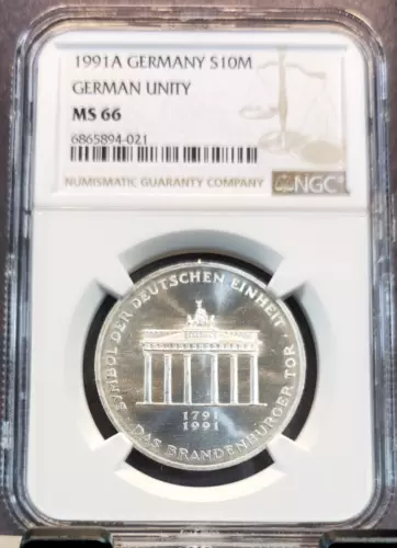1991 GERMANY SILVER 10 MARK S10M BRANDENBURG GATE NGC MS 66 SCARCE HIGH GRADE