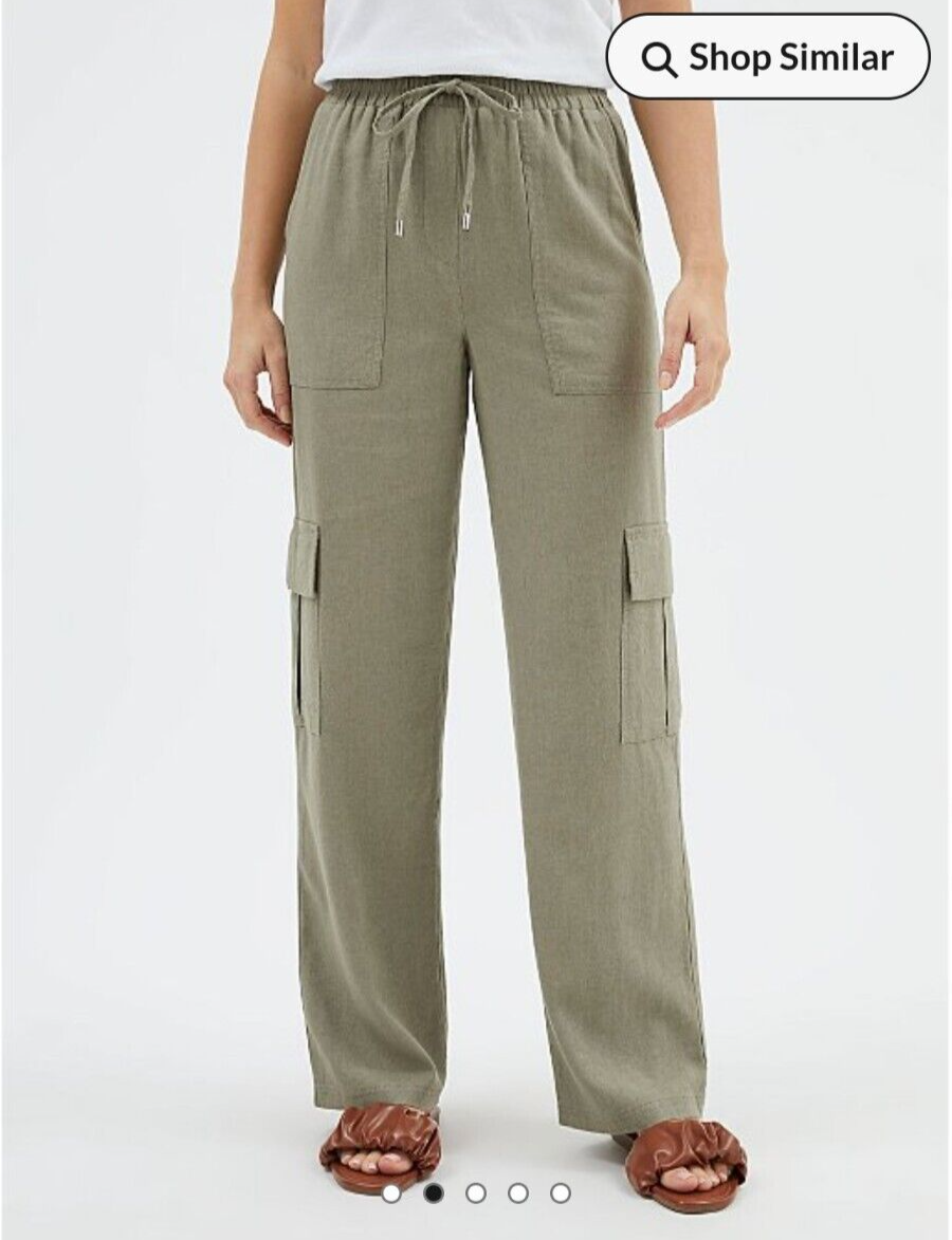 BNWT SIZE 16 GEORGE KHAKI LINEN BLEND UTILITY/CARGO TROUSERS L