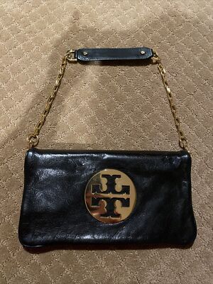 Tory Burch Black Shoulder Bag with Front Gold Emblem and Gold