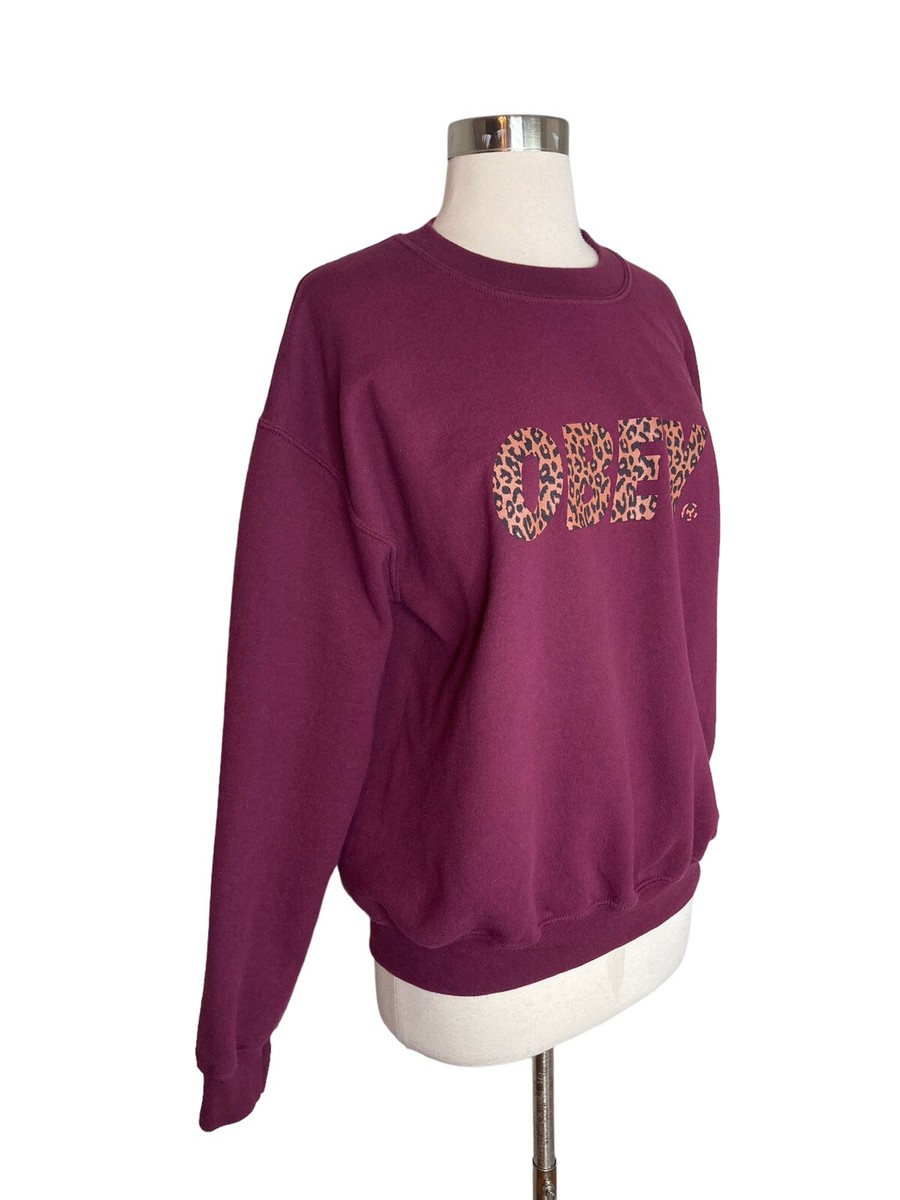 OBEY Women's Burgundy Sweatshirt M Cheetah Logo Crew Neck Pullover