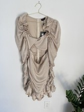 PRETTYLITTLETHING Champagne Frill Shoulder Twist Bust Ruched Bodycon Dress Sz 8