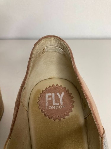 Zapatos sin cordones FLY London beige/rosa gamuza cuero plata tacón bloque 1,75" talla 8,5 - Imagen 21 de 22