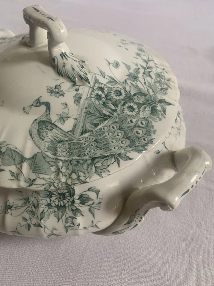 soupière ancienne en Gien Terre De Fer Decor Oiseaux De Paradis Modele Junon - Photo 4/4