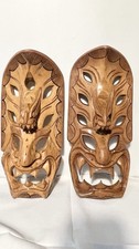 Vintage Hand Carved Wood Tribal Tiki Mask Wall Art Set 2 Polynesian Bali Style